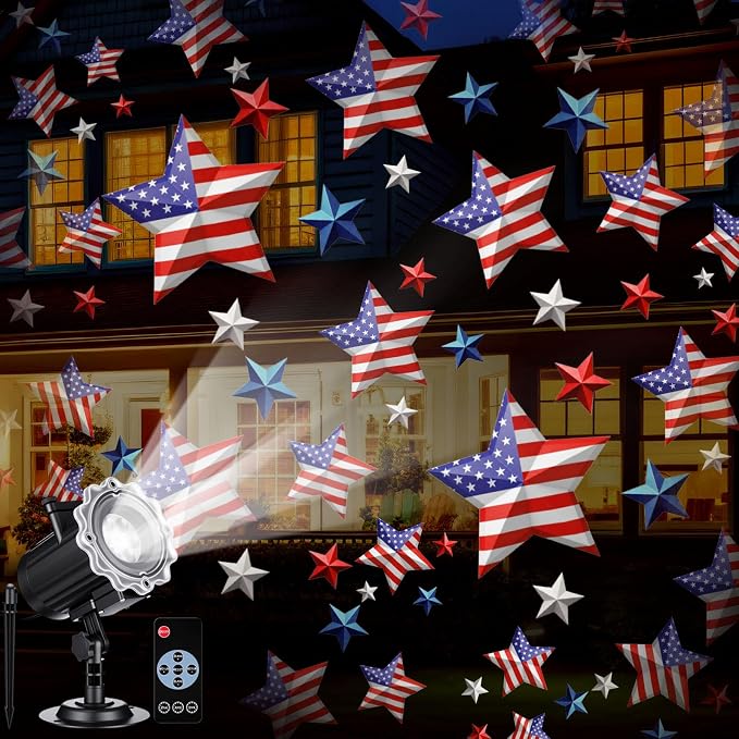 Independence Day Projector Light Outdoor, Decorative Patriotic Dynamic LED Projector Light with 12 Holiday Film Slides Waterproof Landscape Rotation Lighting Projection Lamp