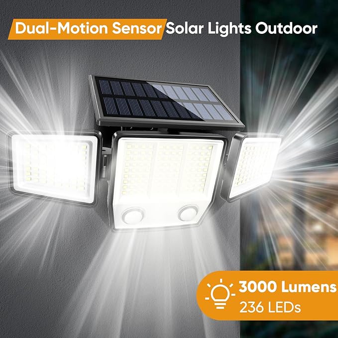 Solar Motion Sensor Outdoor Lights Waterproof - 3000LM 3 Modes Security Lights Outdoor 270° Illumination IP65 LED Solar Flood Wall Light for Garden Yard Patio Pathway (Modern, 4)