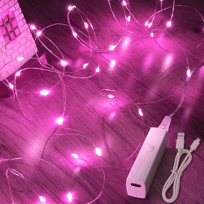16FT(5M) Pink Copper Wire Fairy Lights, Rechargeable Battery Operated String Lights with Timer, 8 Modes Waterproof Mini LED Twinkle Lights for Bedroom Christmas Wedding Centerpiece Table Decor