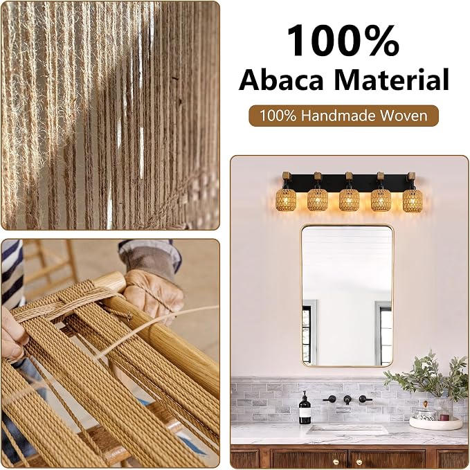 LmnLvn 5-Light Bathroom Vanity Light, Boho Farmhouse Rattan Handwoven Shade | Wood & Metal Frame, Rattan Vanity Light Design, Mounted Over Mirror, Easy To Install for Restroom, Bedroom & Hallway