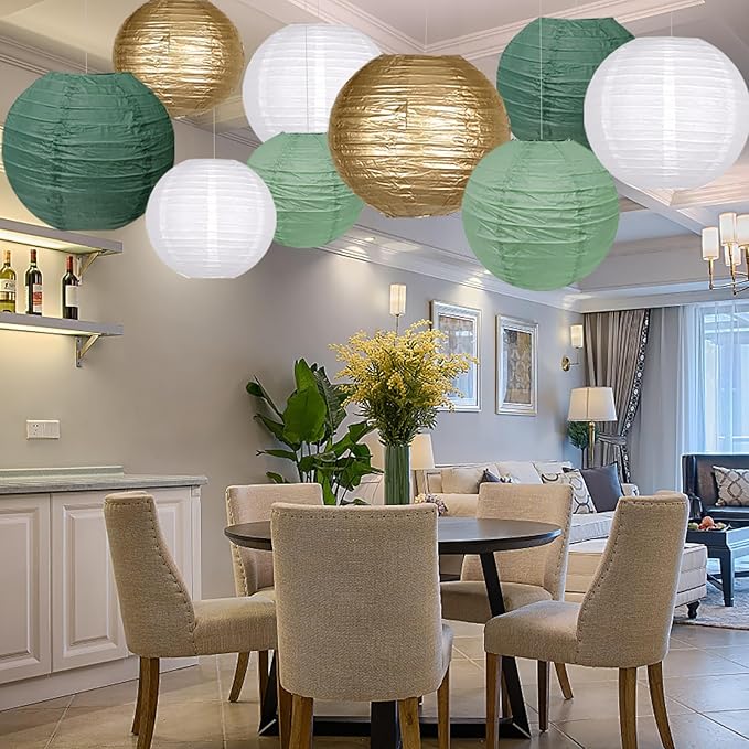 Paper Lanterns Decorative, Hanging Paper Lanterns Party Decorations for Graduation Wedding Baby Shower Tropical Jungle Theme Birthday Party Decorations Sage Green/Gold/White 9pcs