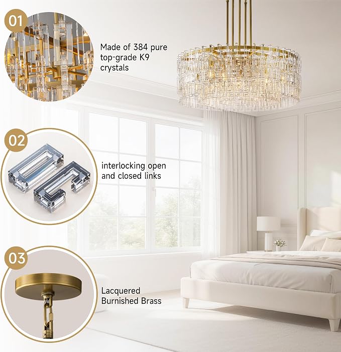 36'' W Round Single-Tier Crystal Chain Chandelier 9-Light E26 Modern Pendant Light, Burnished Brass Finish with 350+ Crystal Links, 79 Inch Adjustable Hanging Rod Ceiling Light, Gold