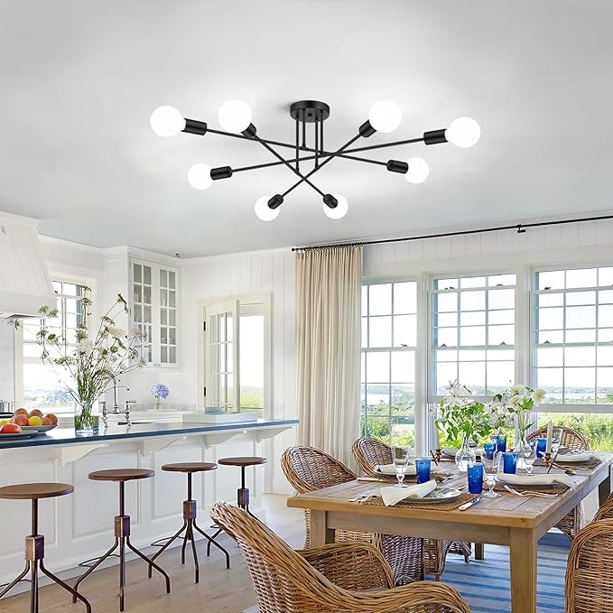 Modern Sputnik Chandelier 8-Light Industrial Ceiling Lights Fixture 32" Black Semi Flush Mount Ceiling Light with E26 Base Sputnik Lights Fixture for Dining Room Bedroom Foyer Hallway Living Room
