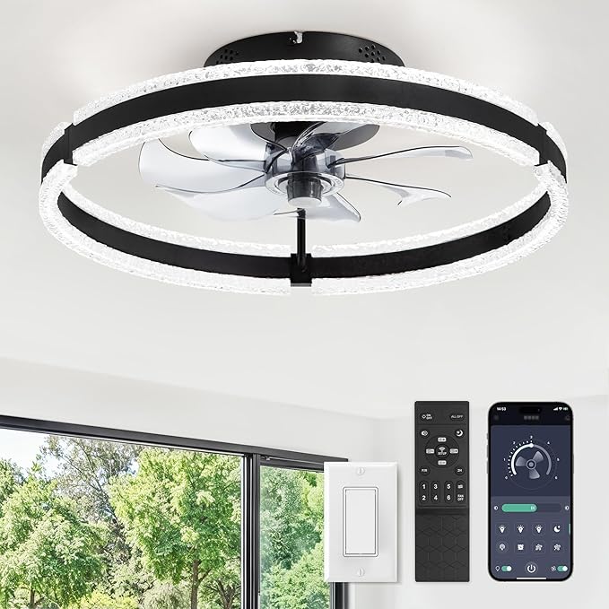 LEDIARY Ceiling Fans with Lights and Remote, 20'' Low Profile Ceiling Fan with Light, 3000-6000K Dimmable Fandelier Ceiling Fans, Modern Flush Mount Fan Light for Bedroom with 6 Wind Speeds- Black | 3000-6000K Dimmable LED, 6 Wind Speeds, Quiet Reversi...