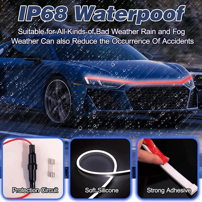 Car Hood Light, 70 Inch Auto LED Daytime Running Lights Strip (Red) | 12V, Flexible Headlight, Universal bonnet light for Cars, SUVs, Trucks, Engine Cover Decoration, Dynamic Scan Start-up Effect