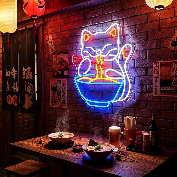 Neon Sign, Ramen Cat Neon Signs for Wall Decor LED Signs Neon Light | Cat Ramen Neon Sign, Dimmable Cat Noodle LED Sign for Bedroom, Kids Room, Restaurant, Kitchen, Home Decor, Gift, USB Powered