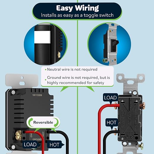 TOPGREENER PIR Motion Sensor Light Switch, No Neutral No Ground Wire, Black | Occupancy&Vacancy Sensor Switch, Operable Without Ground Wire, No Neutral Wire, Single Pole, UL listed, TDOS5-HL-BK, 1 Pack