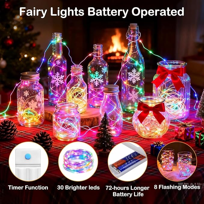 YJFWAL 12 Pack 10ft 30LED Starry String Lights with 8 Modes Timer Function Waterproof Fairy Lights Battery Operated(AAA Batteries Included) for DIY, Wedding, Party, Patio, Garden Decor (Multi Color)