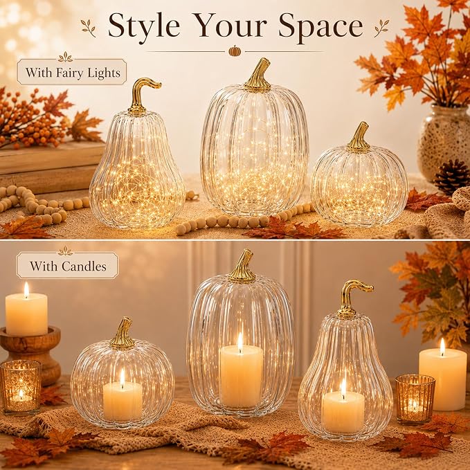 Yungyan Set of 3 Glass Pumpkin Lamp Shades Fall Decor,Clear | Pumpkin Candle Holder Rustic Thanksgiving Halloween Autumn Mantel Table Centerpiece Home Decoration, Lights Not Included