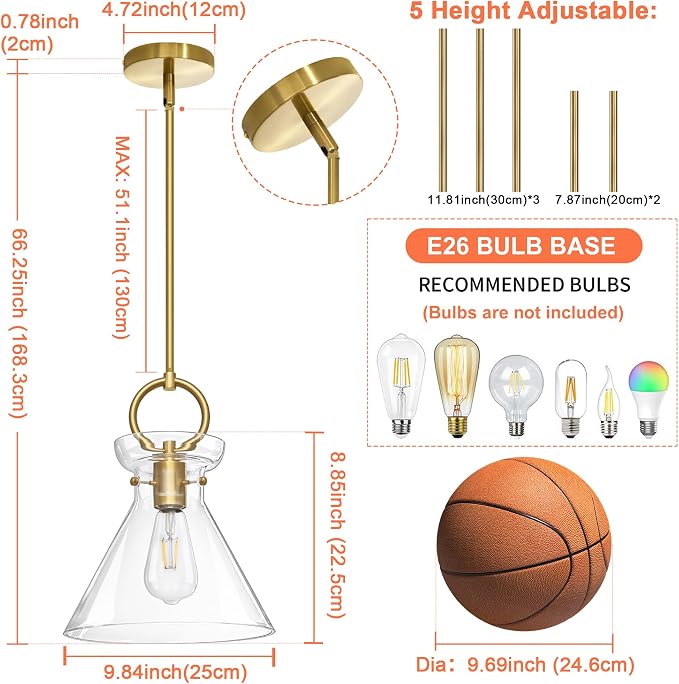 Gold Pendant Lights Kitchen Island with 9.84'' Clear Glass Shade | Modern Pendant Lighting Over Sink, Adjustable Hanging Ceiling Light, E26 Dimmable Hardwired for Dining Room Hallway, 2-Pack