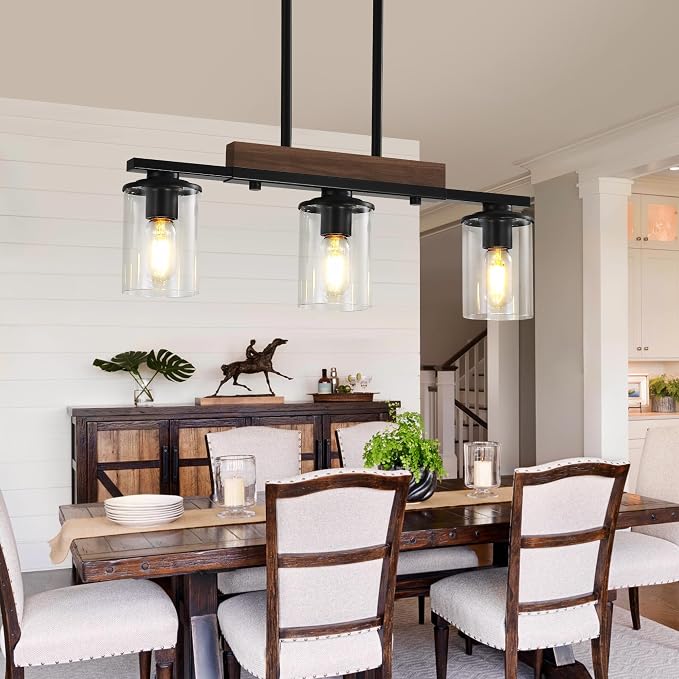 23.6" Dining Room Fixture Over Table,Farmhouse Chandelier | 3-Light, Black Modern Rustic Wood Pendant, Adjustable Height, Clear Glass Shade, Linear Hanging Lighting for Kitchen Island