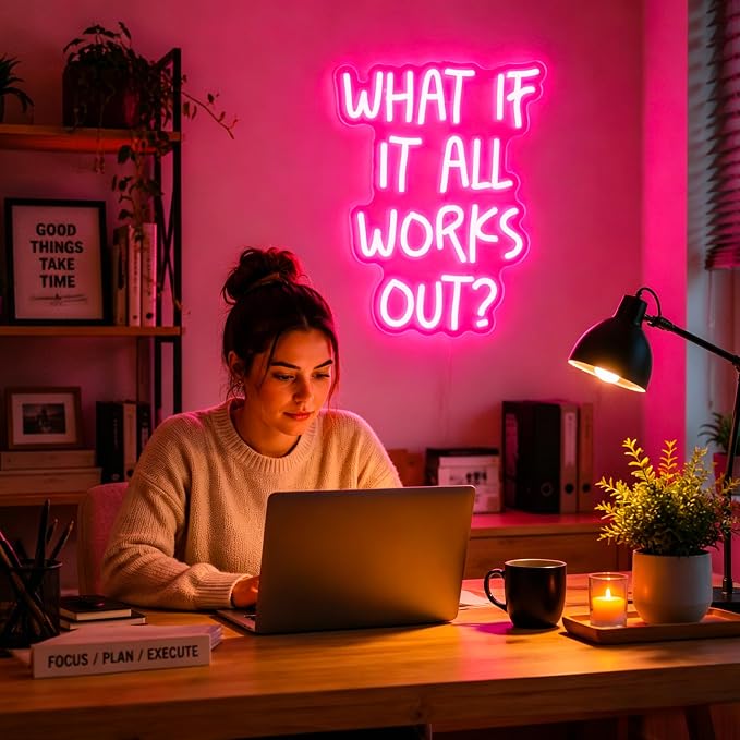 Neon Sign, Neon Signs for Wall Decor LED Signs Neon Light | What If It All Works Out Neon Sign, Pink Motivational LED Light for Home, Office, Room, Pink Decor, Gift, USB Powered
