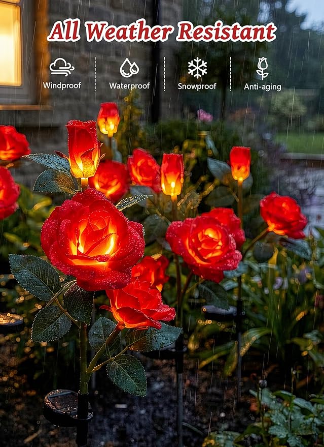 Brightown Solar Garden Lights, 4 Pack LED Rose Flower Lights Waterproof | Larger & Realistic Red Rose, Bigger Solar Panel, Waterproof Solar Lights Outdoor for Yard Garden Lawn Pathway Decorations