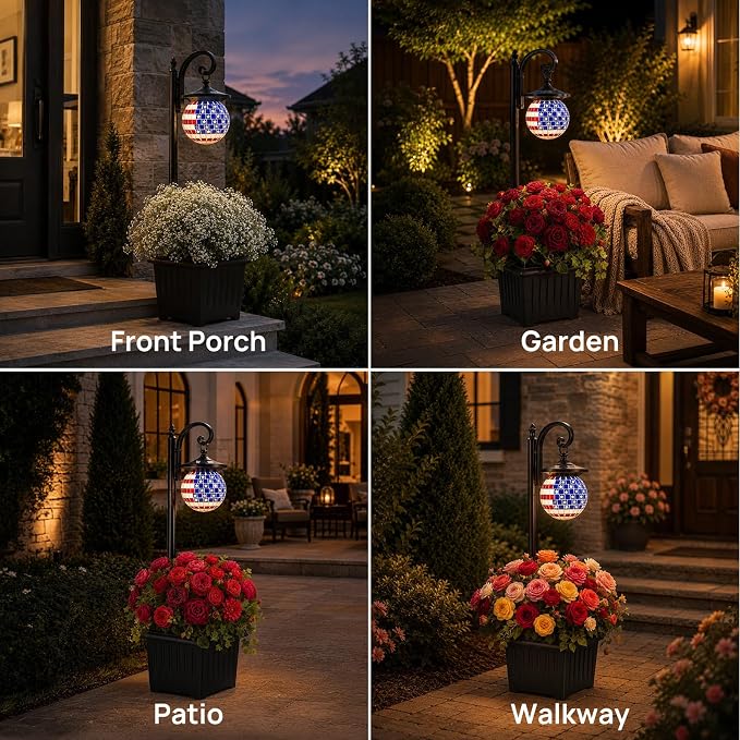 Solar Lamp Post Light with Planter, Patriotic Mosaic Outdoor Lantern Decor | Warm White LED Light, Dusk to Dawn, IP44 Waterproof, 4 Solar Panels, No Wiring Required, Energy Saving, Porch, Patio, Garden.