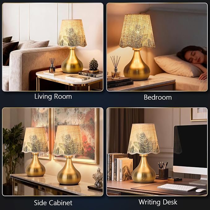 Ziqqeelam Gold Small Bedside Cute Table Lamp for Bedroom, Table Lamps for Nightstand, Scalloped Rattan Shade Table Lamps for Small Spaces for Bedroom, Home Office, Living Room