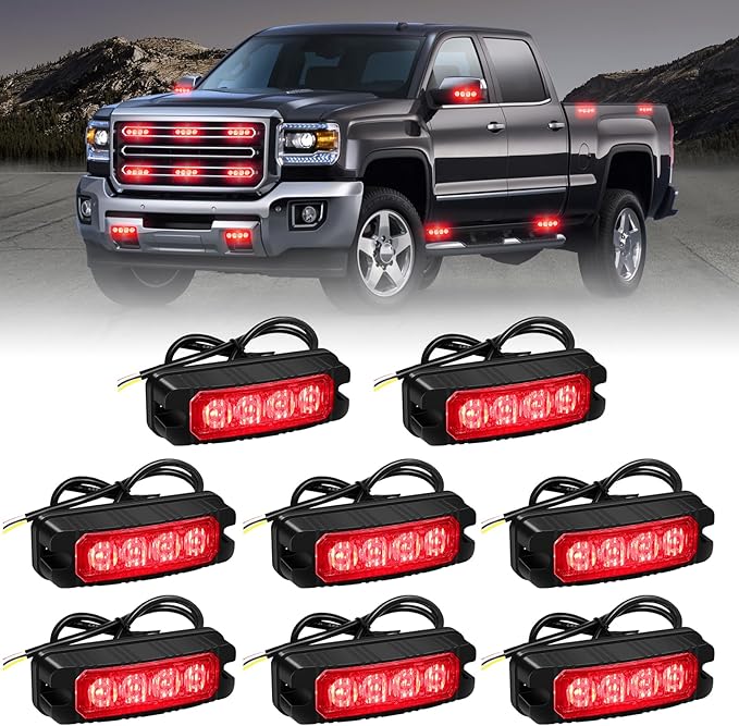 8 Pack Sync Red Grill Emergency Lights 32 LED Strobe Lights | Grille Surface Mount Light Flashing Warning Safety Hazard for Vehicles Trucks Car, ATV, UTV, Motorcycle