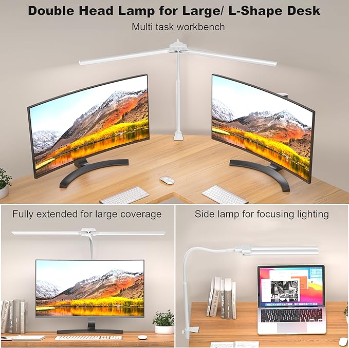LED Desk Lamp with Clamp, Double Head for Dual Screen, 4 Color Modes,White | Eye-Caring 1200LM Desk Lights for Home Office Monitor Computer Workbench,3000-6000K Dimmanle Table Lamp Memory & 30-Min Timer