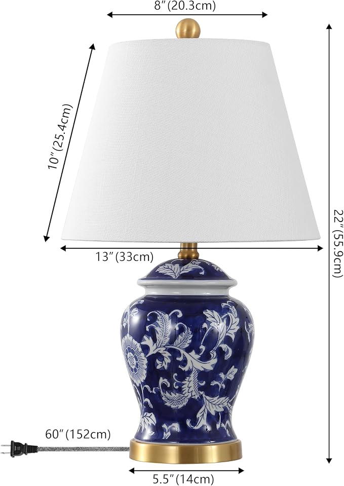 JONATHAN Y Penelope Ginger Jar 22" LED Table Lamp, Navy/White | Chinoiserie, Ceramic Metal Construction, French Country Traditional, Linen Empire Shade, Brass Gold, LED Bulb Included