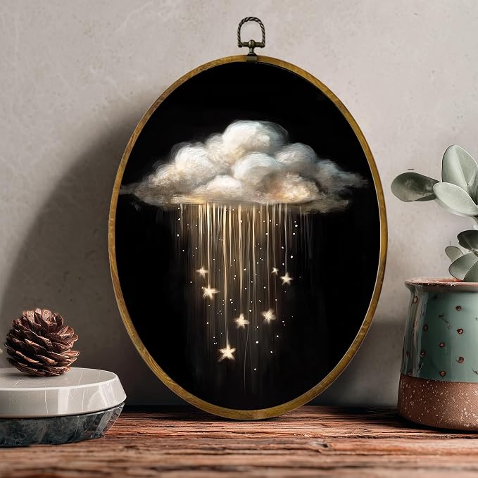 zewepri Whimsical Cloud Canvas Wall Art, Celestial Bohemian Decor, 8.6x11.4 | Cloud and star artwork on high-density canvas with hook for bedroom, living room, study, or art lover gift
