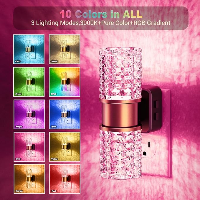 JandCase Night Lights Plug into Wall, Color Changing Night Light for Kids | 3000K+RGB LED Nightlight with Dusk to Dawn Sensor, 10/50/100LM Adjustable Brightness for Rooms Decor 2 Pack