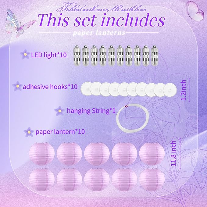 Light Purple Chinese Paper Lanterns with LED Lights, 10-Pack 12in | Hanging Lights for Easter, Graduation, Birthday Decorations, Ceiling Decor, Home Party & Tea Party