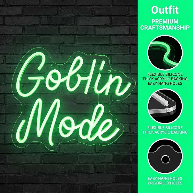 Goblin Mode Neon Sign Wall Decor for Bedroom, Living Room, Man Cave, Birthday Party, Goblin Mode Glow Neon Light, Dimmable, USB Power, Green(14.1"x11")