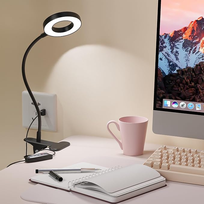Foneso Desk Lamp Clip on Light, 48 LEDs USB Lamp with 3 Color Modes 10 Brightness Levels, 360° Flexible Gooseneck Eye Protection Bed Night Light for Reading, Makeup, Office, Pack of 2