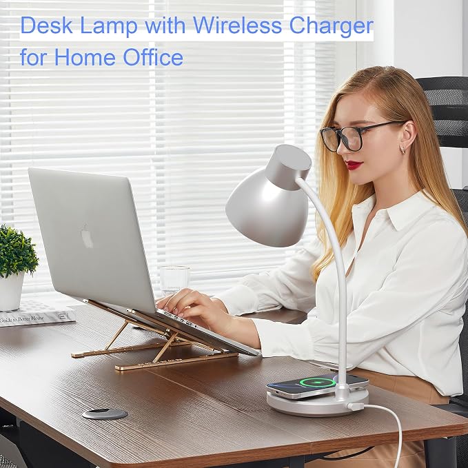 LED Desk Lamp for Home Office with Wireless Charger, Silver | 3 Color Modes Dimmable Eye-Caring Study Reading Dorm Desk Lamp, 360° Flexible Arm Table Lamp for College Dorm Room, 800 Lumen