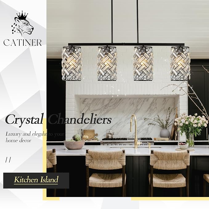 CATINER 40" Black Crystal Linear Chandelier, 4-Light Kitchen Island Pendant | 40-inch black crystal linear chandelier with adjustable height, 4 E26 lights, dimmable for kitchen islands and dining rooms