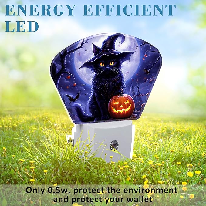 Black Cat with Witch Hat Night Light for Kids Girls Boys, Halloween Pumpkin LED Night Light Plug into Wall with Dusk to Dawn Sensor for Bedroom, Hallway, Kitchen, Bathroom, Stairs Decor