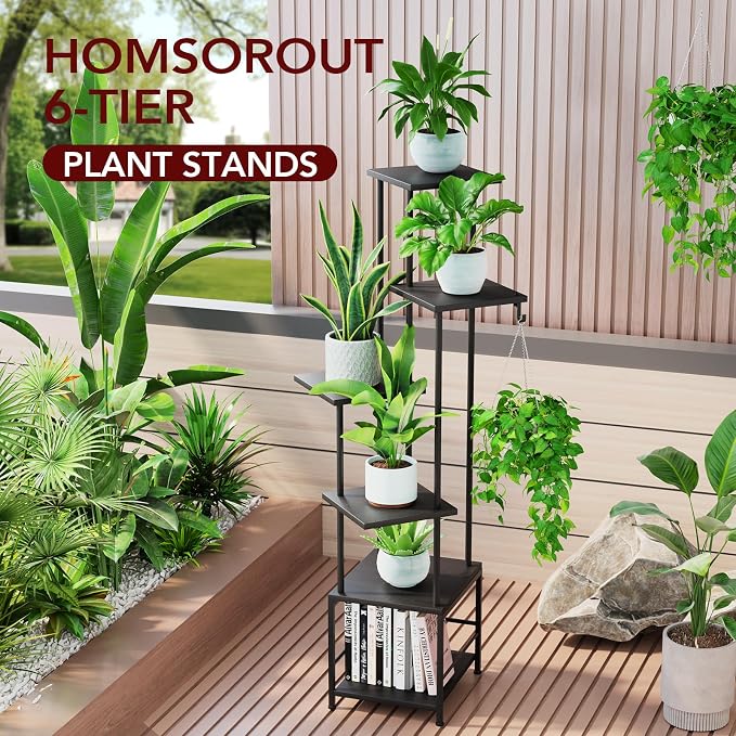Plant Stand Indoor with Grow Light - 6-Tier Metal Plant Shelf with Hanging Basket Hook, Corner Tall Flower Holder for Multiple Plants, Living Room Balcony Garden Patio, Black