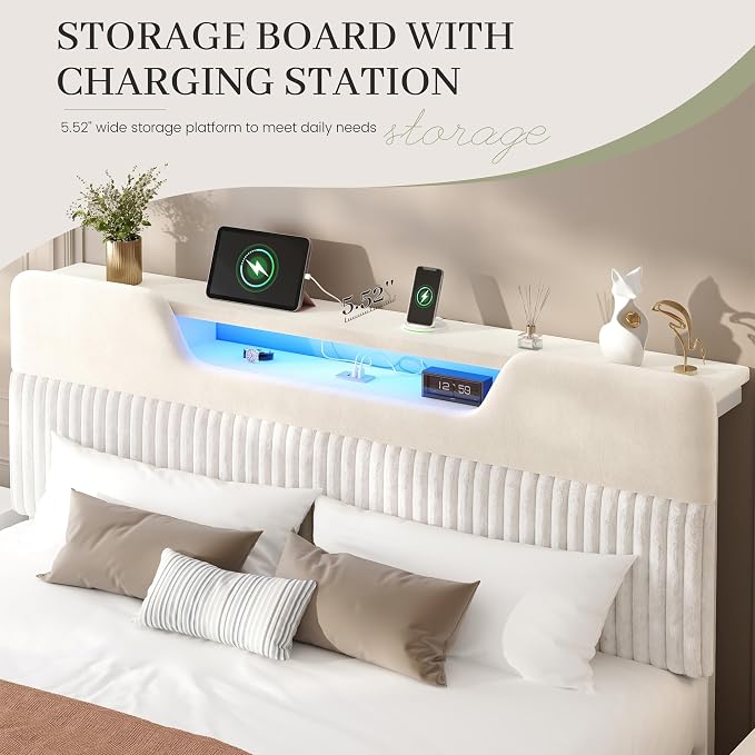 Homkdom King Bed Frame with Charging Station & Storage Headboard,White | 1USB-C & 2USB-A Charging, RGB LED Lights,7.78" Under-bed Storage,Velvet Upholstered Headboard,No Box Spring,Easy Assembly.