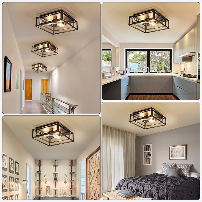 ZGLAOJT Black Flush Mount Ceiling Light Fixture，3-Light Industrial Metal Close to Ceiling Lights，Farmhouse Lighting for Hallway Bedroom Kitchen Dining Room