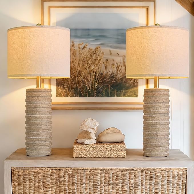 PoKat 27'' Farmhouse Table Lamps Set of 2 for Living Room, Stone Like | Bedside lamp for bedroom, boho and distressed style, hand-textured ceramic design, tall lamp decor for sideboard & entryway