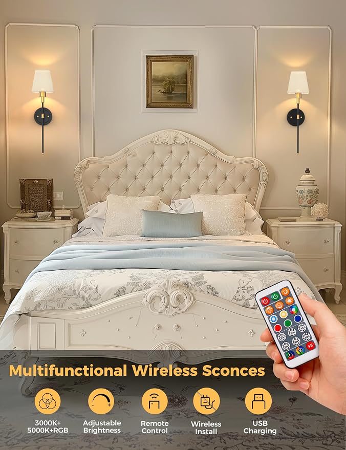 Battery Operated Wall Sconce: Set of 2 Wireless Wall Light 12000mAh | 15 Color Rechargeable Wall Sconces, Sconce Wall Decor Set of 2 for Bedroom, Living Room, Gold and Black, 24.6in