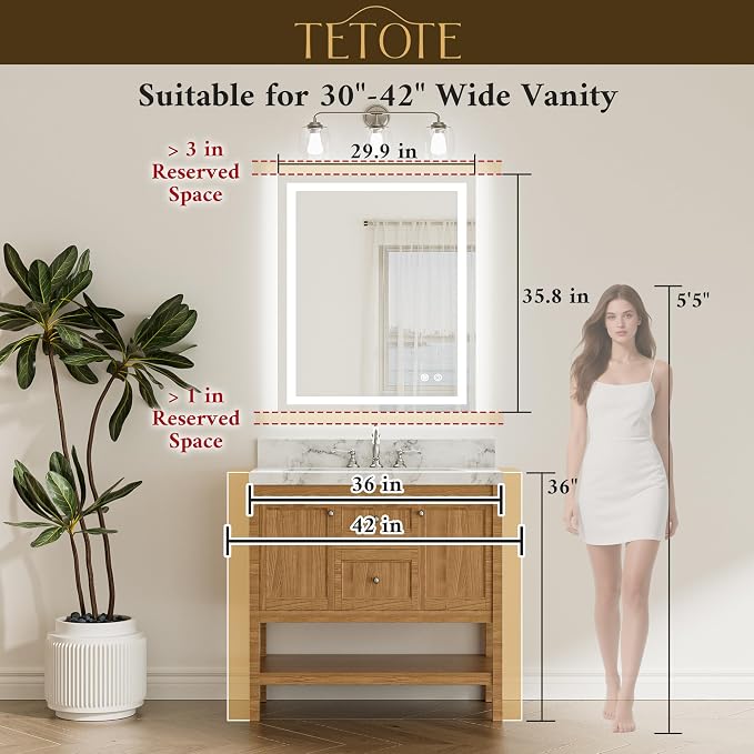 LED Bathroom Mirror 30 x 36 Front and Backlit Lighted Bathroom Vanity Mirror with Brighter Lights 3-Color Dimmable Led Anti Fog Light up Mirror, Waterproof, Shatterproof Tempered Glass