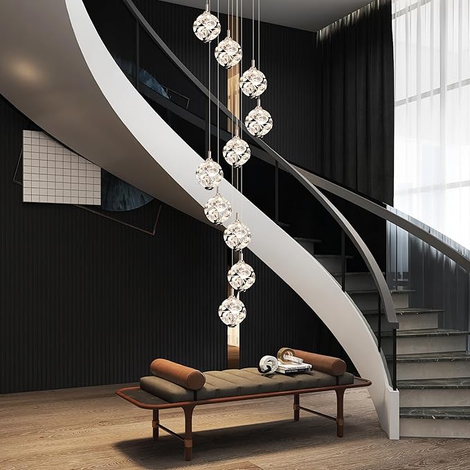 10-Light High Ceilings Long Chandeliers Modern Crystal Staircase Chandelier Hanging Flush Mount Lighting Fixtures Long Raindrop Hanging Chandeliers for Staircase,Foyer,Entryway