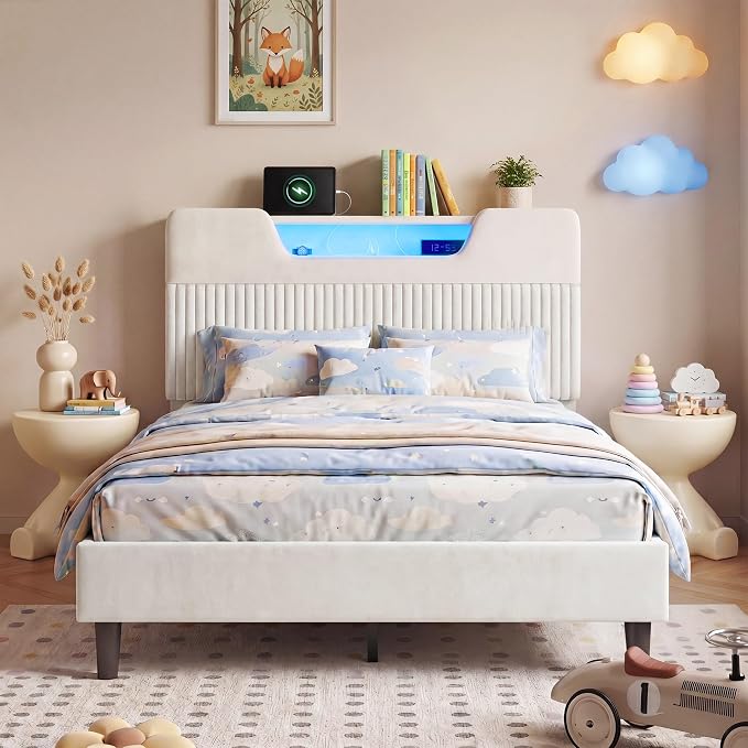 Homkdom Full Bed Frame with Charging Station & Storage Headboard,White | 1USB-C & 2USB-A Charging, RGB LED Lights,7.78" Under-bed Storage,Velvet Upholstered Headboard,No Box Spring,Easy Assembly.