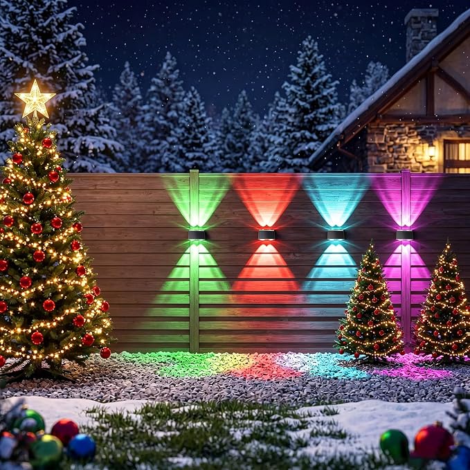 LANSOW Solar Fence Lights Outdoor 12 Pack, Fence Lights Solar Powered Waterproof, 10-Mode Warm/Cool/Neutral White & RGB, Up-Down Led Wall Lights Dusk to Dawn Decor for Yard, Deck, Patio, Pool, Railing