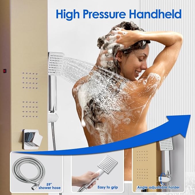 ROVOGO Gold Shower Panel Tower System W/Led Lights & 5 Shower Modes, 46.5" | Rainfall Waterfall Shower Head, 4 Body Massage Jets, Handheld and Tub Spout, Stainless Steel Shower Column with Brass Valves