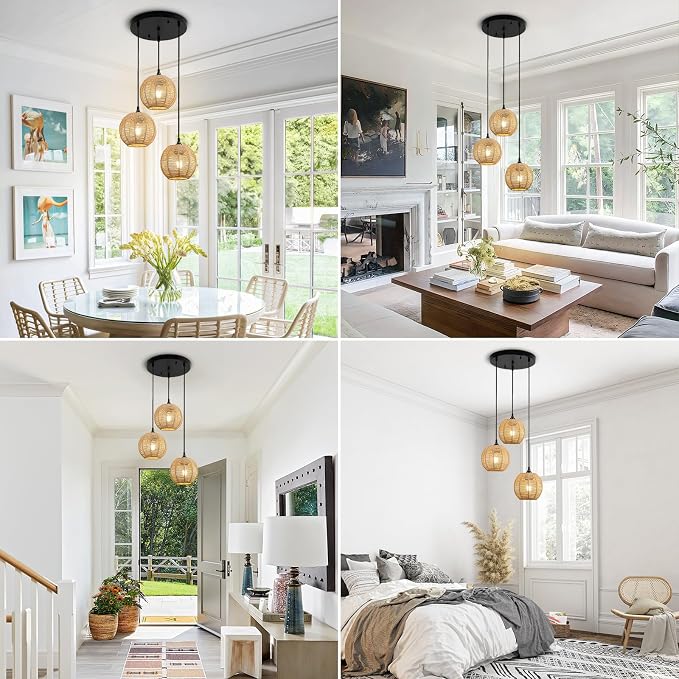 Round 3 Light Boho Pendant Light Rattan Hanging Lamp | Hand Woven Wicker Small Chandelier Hanging Lights Fixture for Bedroom Kitchen Hallway Foyer
