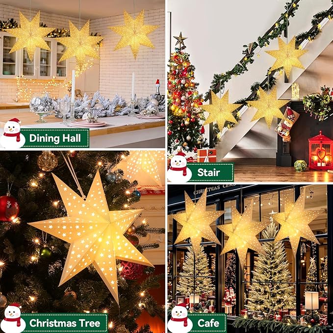 Lewondr Christmas Paper Star Lantern 3 Pack, Hanging 7-Pointed Star Lights with Hollowed Stars, LED Paper Lanterns with 6H Timer for Holiday Home Decoration, with Remote Control, Warm Light