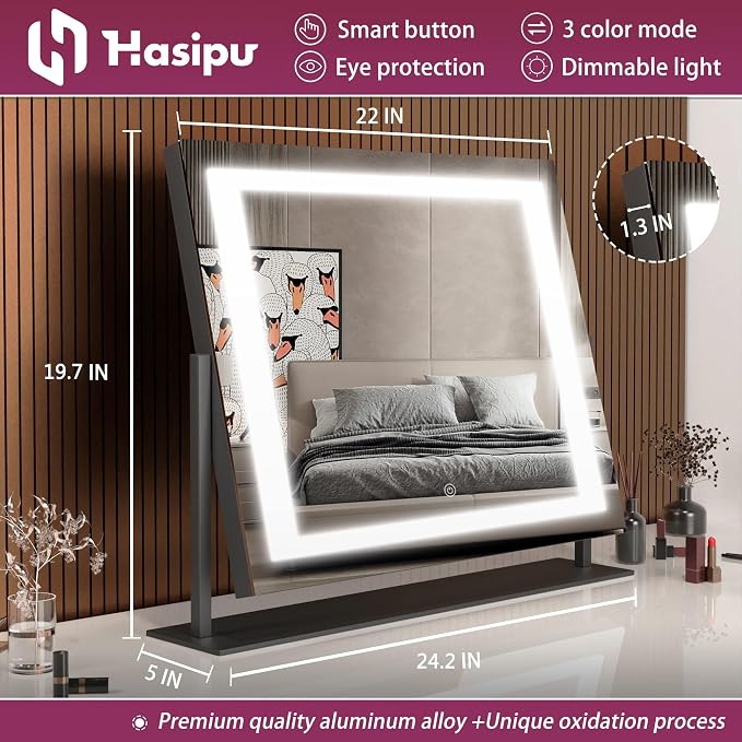 Hasipu Vanity Mirror with Lights, 24.2" x 19.7" LED Makeup Mirror, Light up Mirror with 10X Magnification, Smart Touch 3 Colors Dimmable, Brightness Adjustment, 360° Rotation (Right Angle Black)