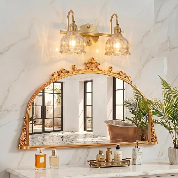 Bathroom Light Fixtures, 3-Light Brass Vanity Wall Light with Amber Tulip Glass Shades, Vintage Wall Sconce Over Mirror for Bathroom, Bedroom, Living Room (Bulbs Not Included) (Amber, 2-Light)