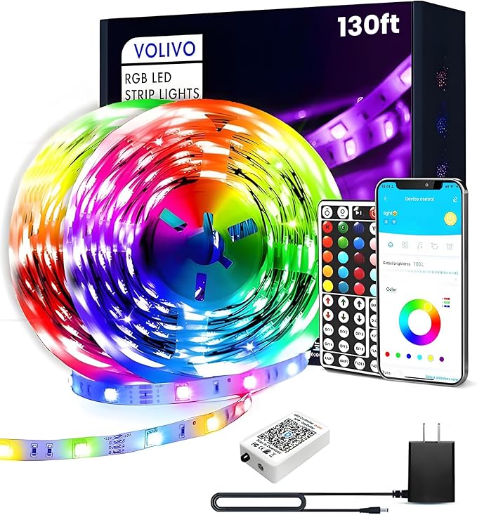 VOLIVO 130FT LED Strip Lights RGB Color Changing | 44-Key IR Remote Control, LED Lights for Bedroom, Home Decor Lighting