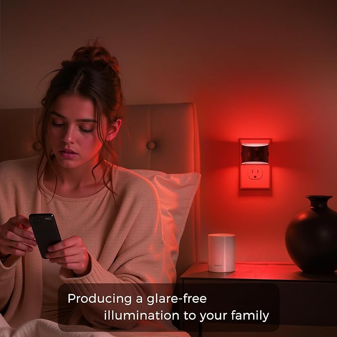 L LOHAS LED Motion Sensor Night Light, Night Lights Plug into Wall, 4 Pack | Nightlight with Dusk to Dawn & Motion Detection Sensor, 30-100Lm Adjustable Brightness, Red Light, Black Housing