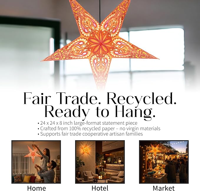 Paper Starlight 24 Inch - Handcrafted Hanging Star Lantern with 100% Recycled Paper - Large Star Lamp with 12-Foot UL Approved Light Cord Included - Fair Trade Artisan Decor - Lion | Handcrafted Hanging Star Lantern, 100% Recycled Material with12-Foot ...