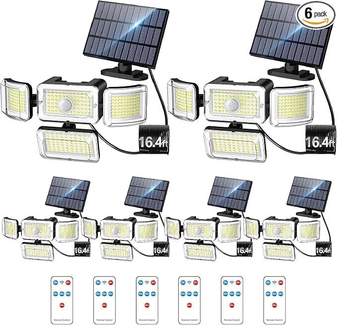 CLAONER Solar Outdoor Lights Motion Sensor 3500LM 288 LED Security Light with Remote Control IP67 Waterproof 4 Heads Flood Lights (6 Pack)
