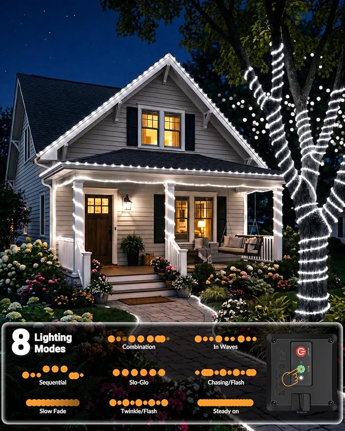 btfarm Solar Rope Lights, 120LED 46FT String Lights Outdoor Waterproof | 4 Pack 8 Modes, Timer Memory Function, Tube Trampoline lighting for Outside Garden Tree Christmas Yard Patio Decor,Cool White
