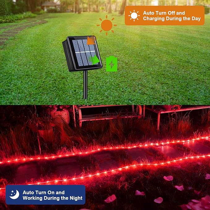QITONG Red Solar Rope Lights Outdoor, 2 Pack Each 33ft 100 LED String Light, 8 Modes Fairy Lights in Clear Thin Tube with 8 Modes